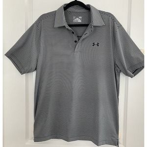 Under Armor Men's Loose Heat Gear Polo Golf Shirt Gray Black Striped Size Large